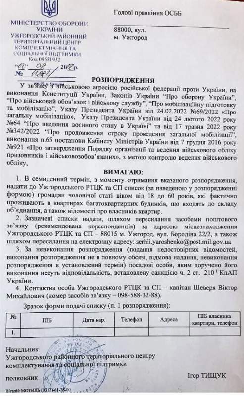 Голів ОСББ Ужгорода зобов’язали здати список чоловіків, які підлягають призову (ФОТО)